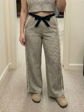 NEW POL 100% Cotton Woven Cream Black Gold Thread Fringe Trim Wide Leg Pants